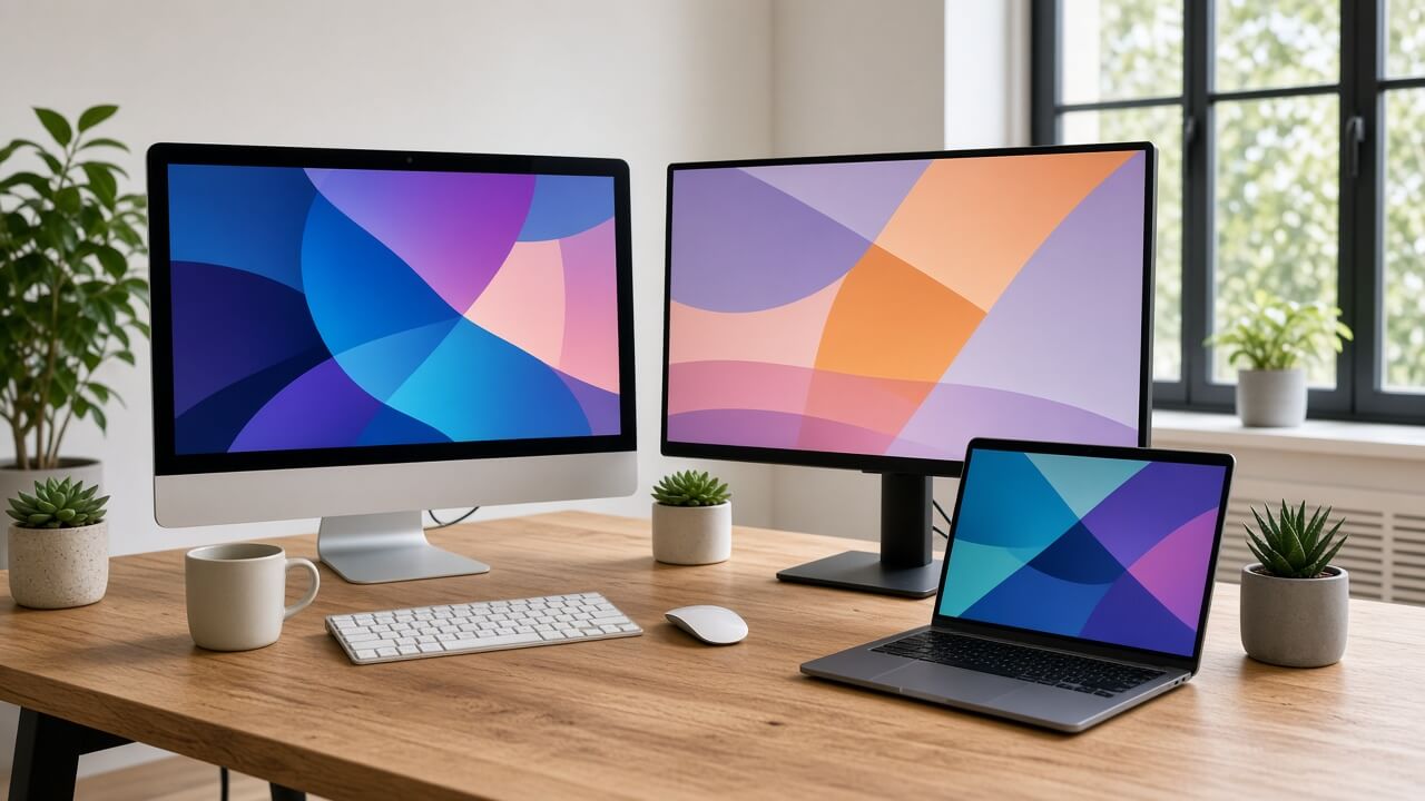 Software studio desk with dual monitors