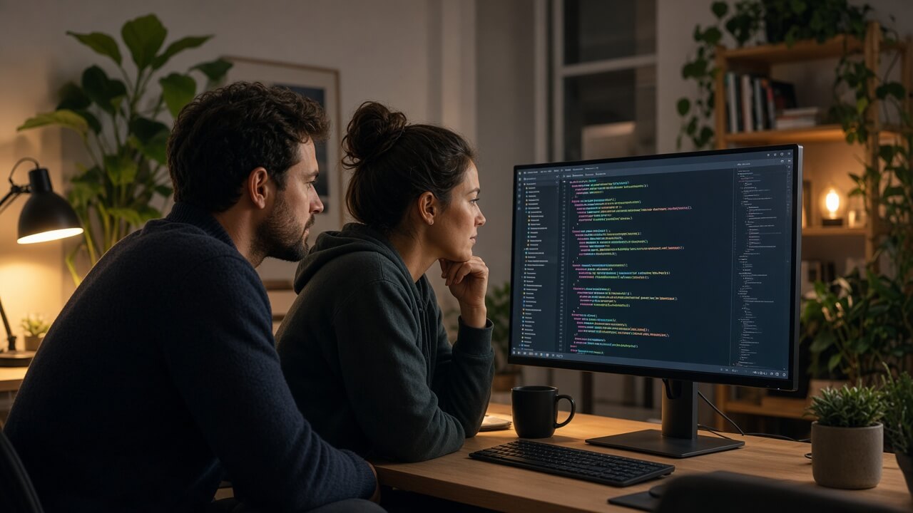 Engineers pairing at a shared monitor