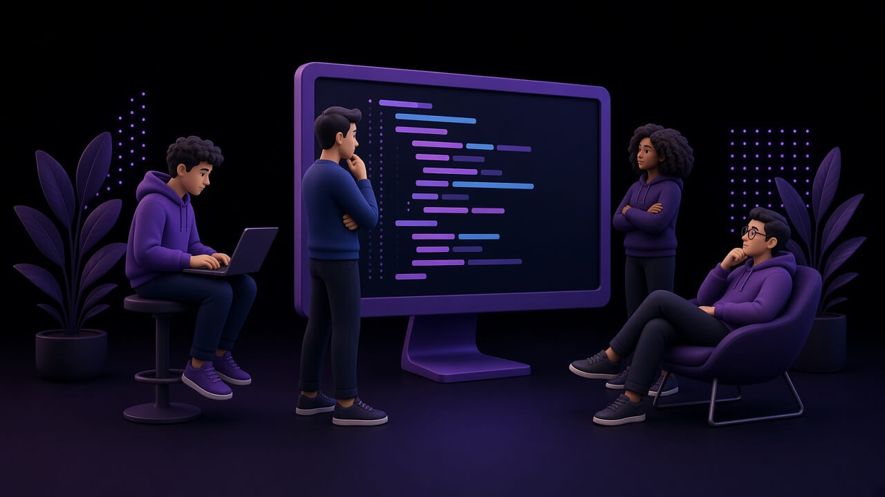Developers collaborating around a production monitor